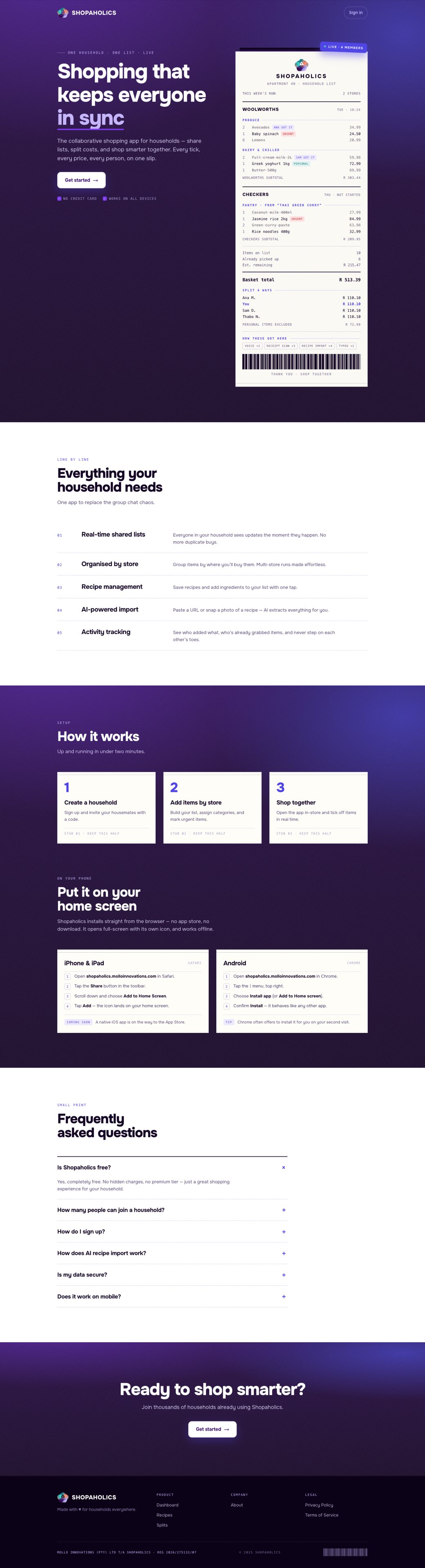 The Shopaholics landing page: a deep purple site for a household shopping app, led by a till-slip mockup that splits a basket four ways.